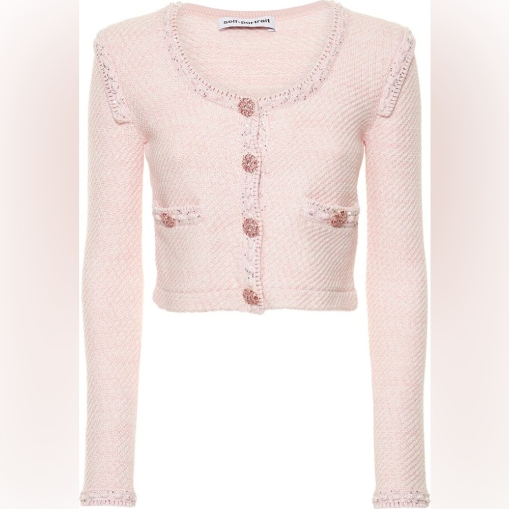 Self-portrait Sequin Crystal
Embellished Knit Cropped Cardigan pink